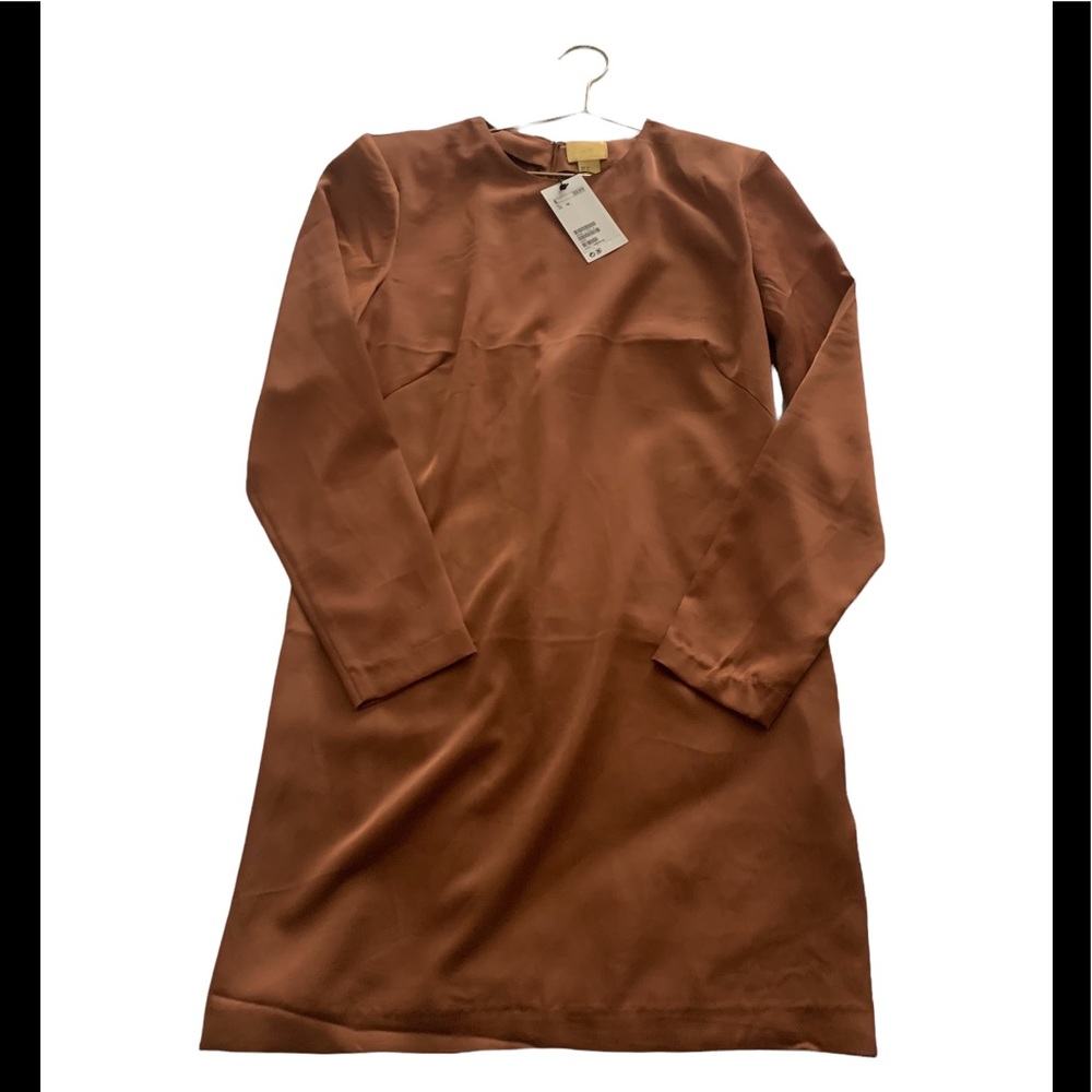 H&M LUX GOLD LABEL | WOMENS LONG SLEEVE BRONZE MIDI SHIFT DRESS NWT
